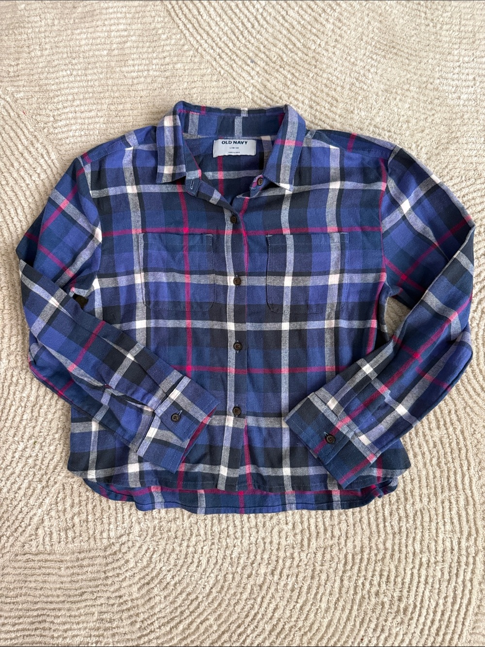 Old Navy Navy and White Plaid Button-Down Shirt with Pink Accents